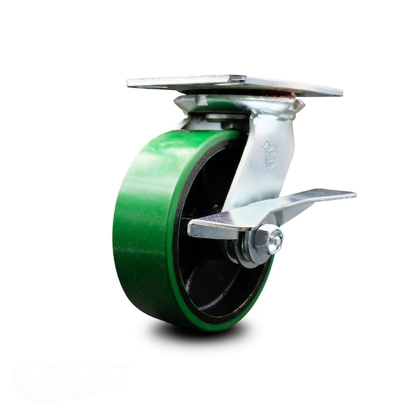 6 Inch Heavy Duty Green Poly on Cast Iron Caster with Roller Bearing and Brake